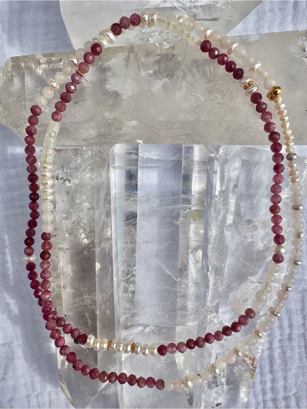 Bali Rice Pearls & Ruby Beaded Crystal Wrap Necklace - Elegant!